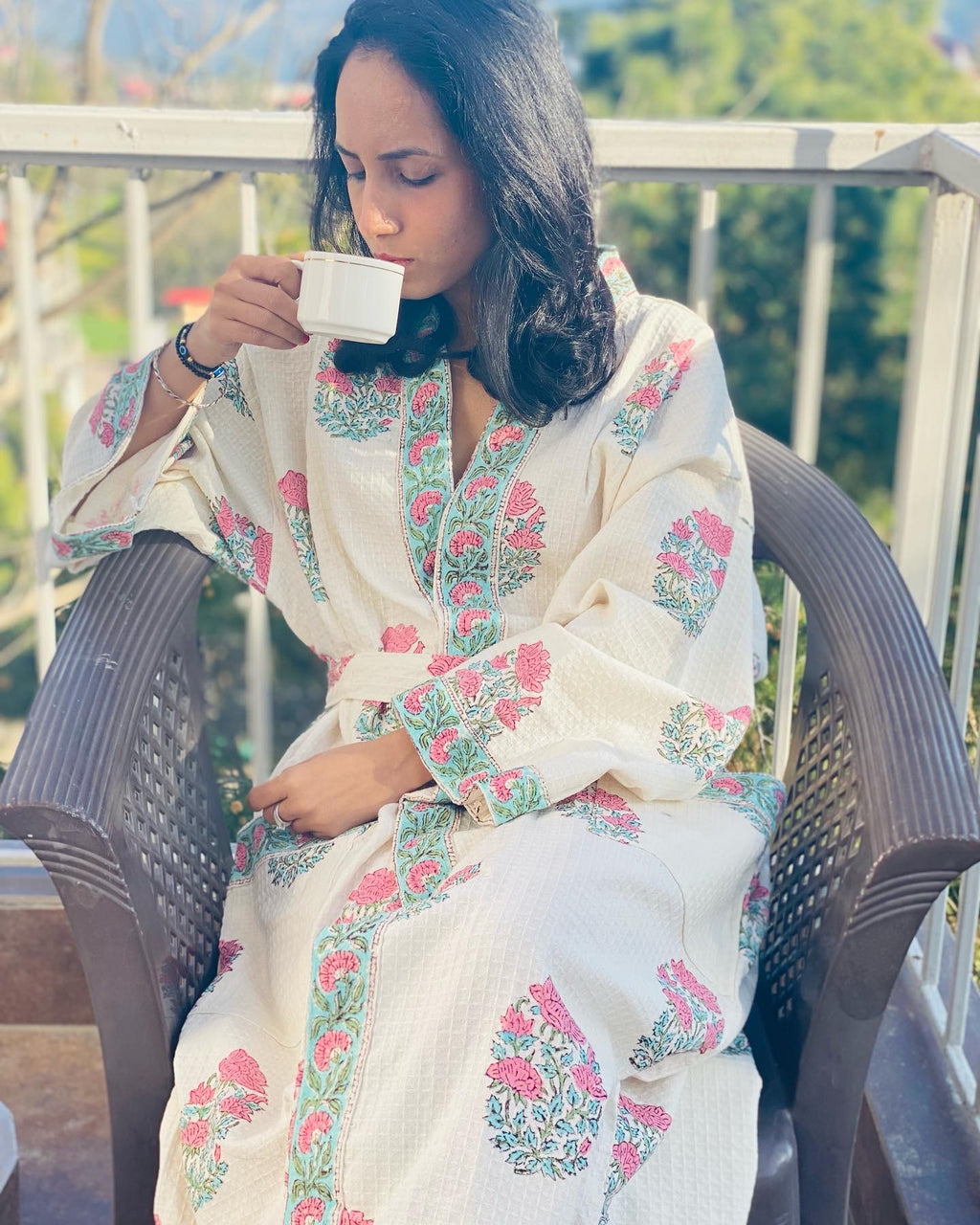Pink Motif Waffle Cotton Bathrobe