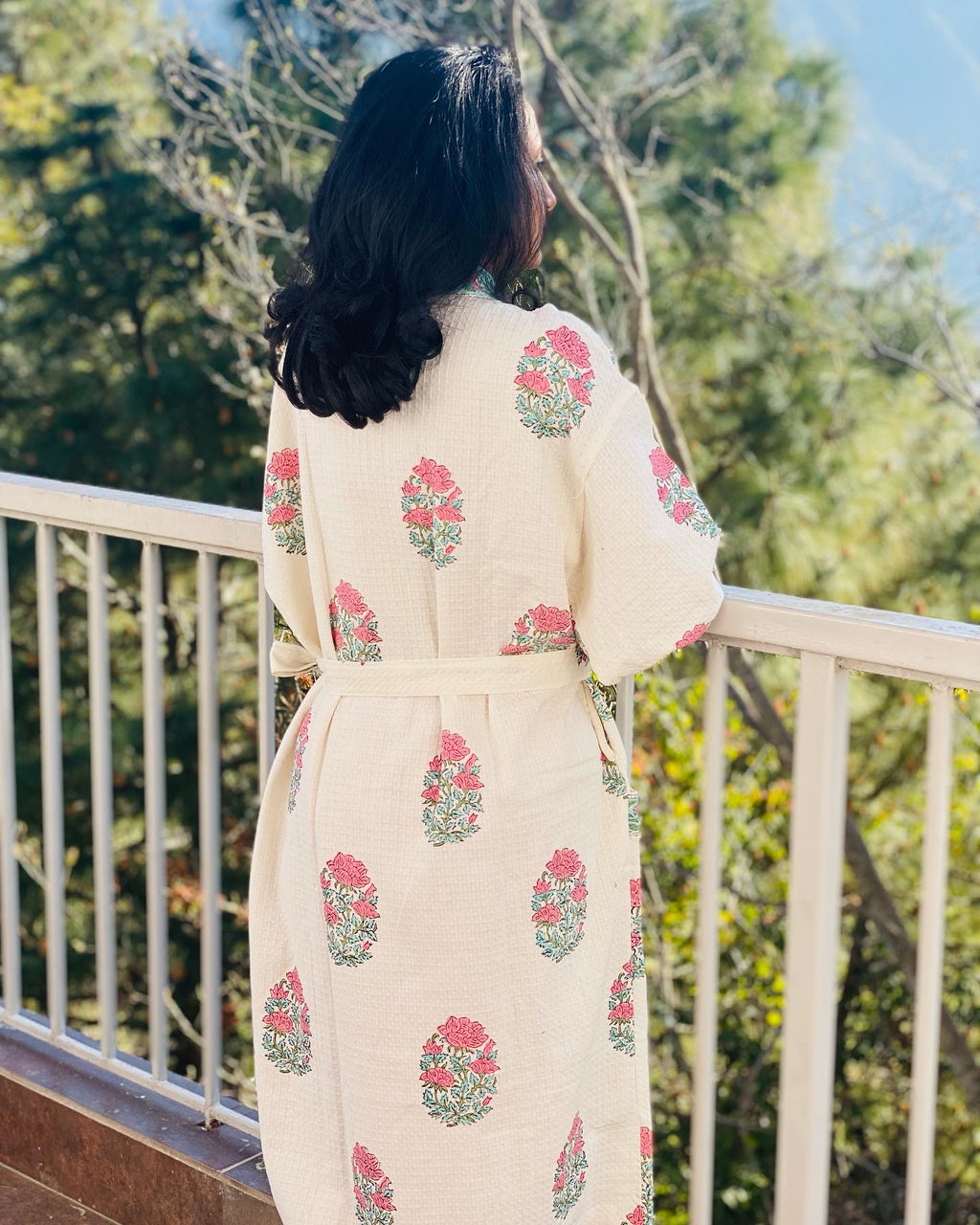 Pink Motif Waffle Cotton Bathrobe