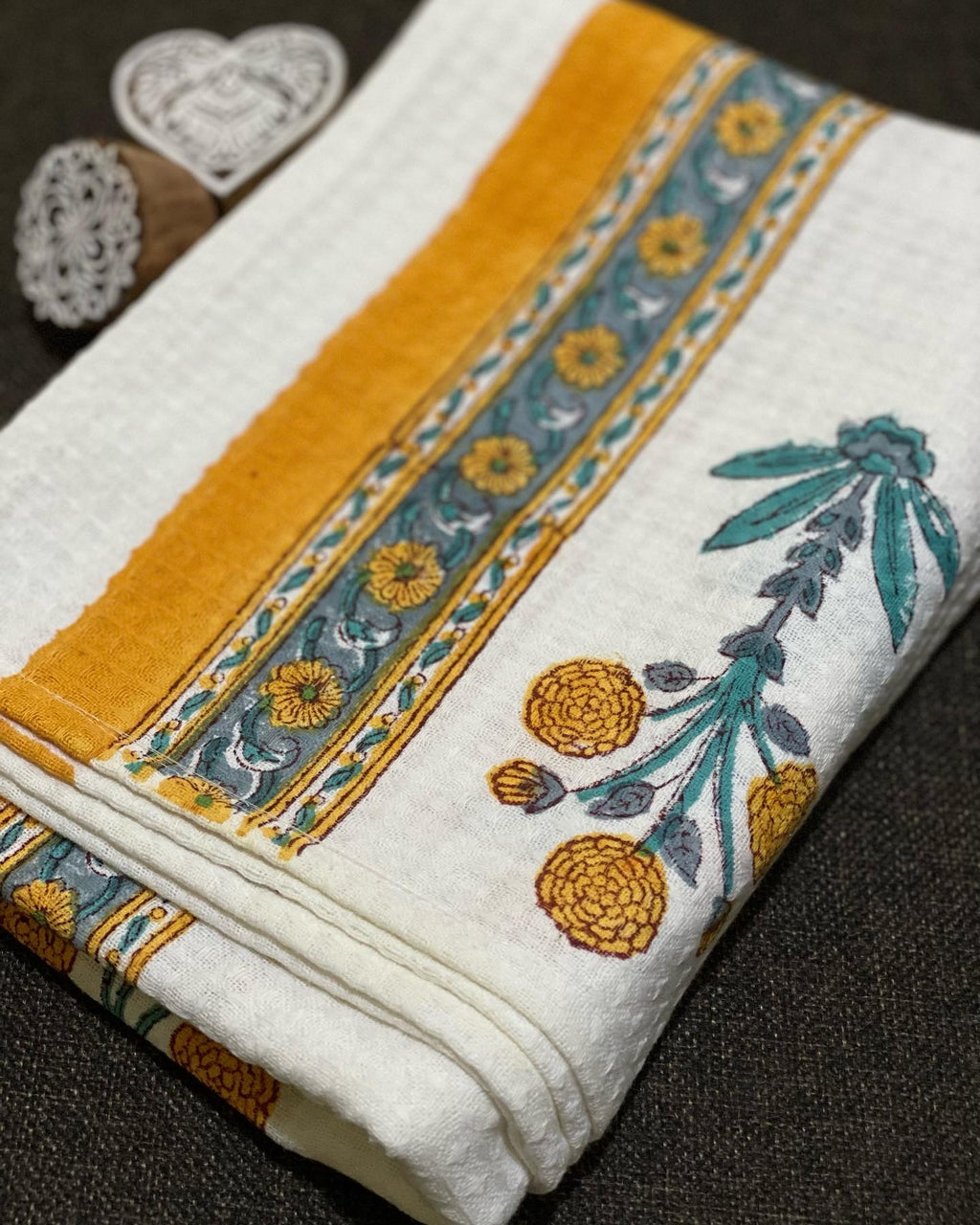 Yellow Motif Waffle Cotton Towel