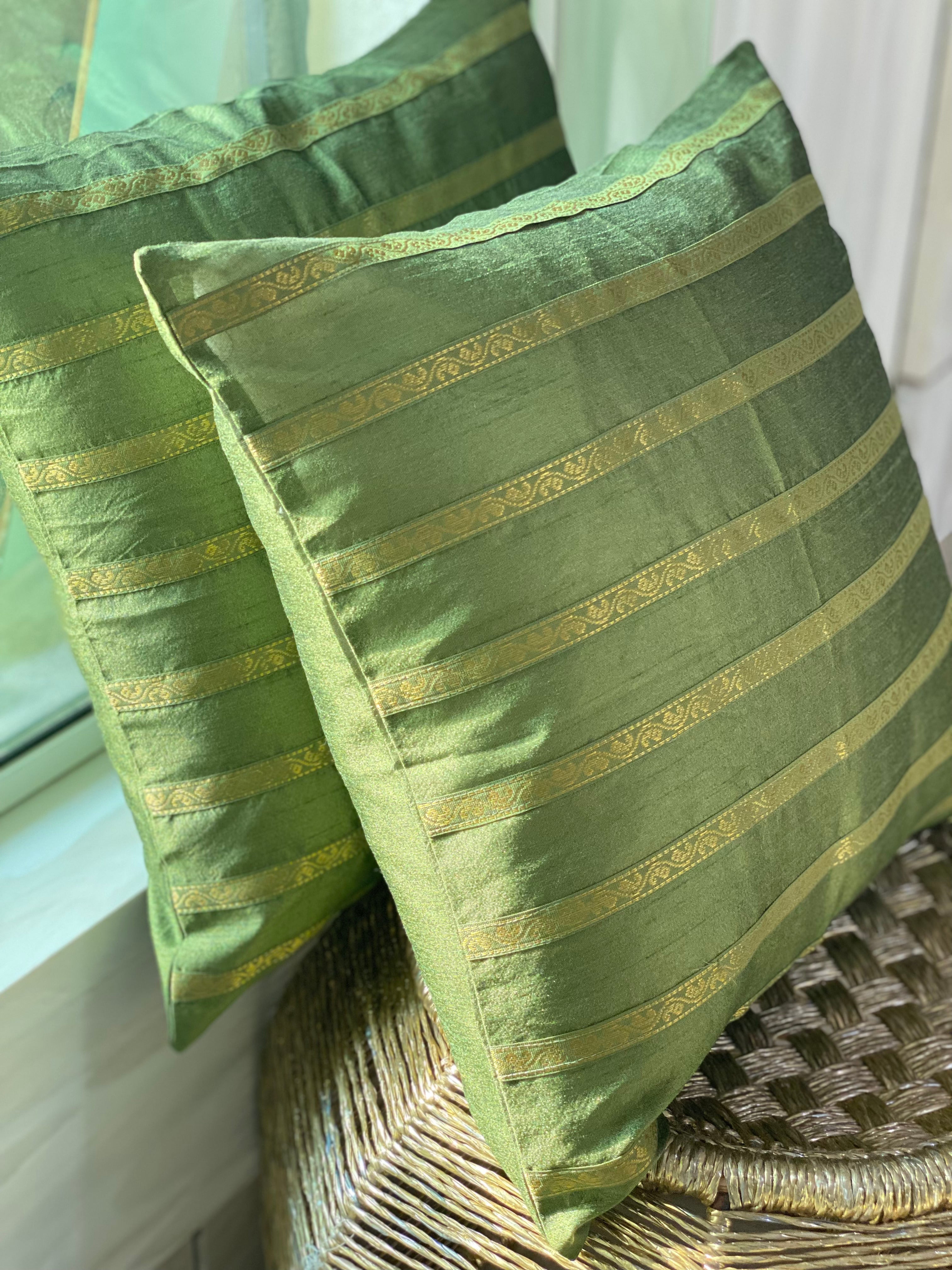 Green strips Quilted Cushion Cover | 16x16 inch