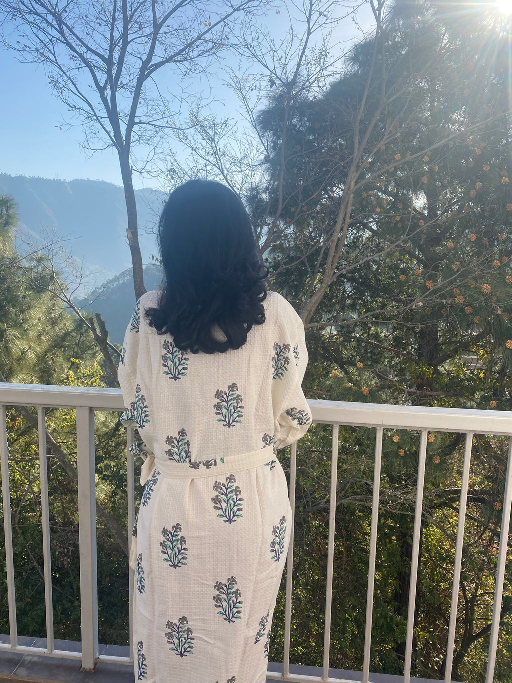 Blue Motif Waffle Cotton Bathrobe