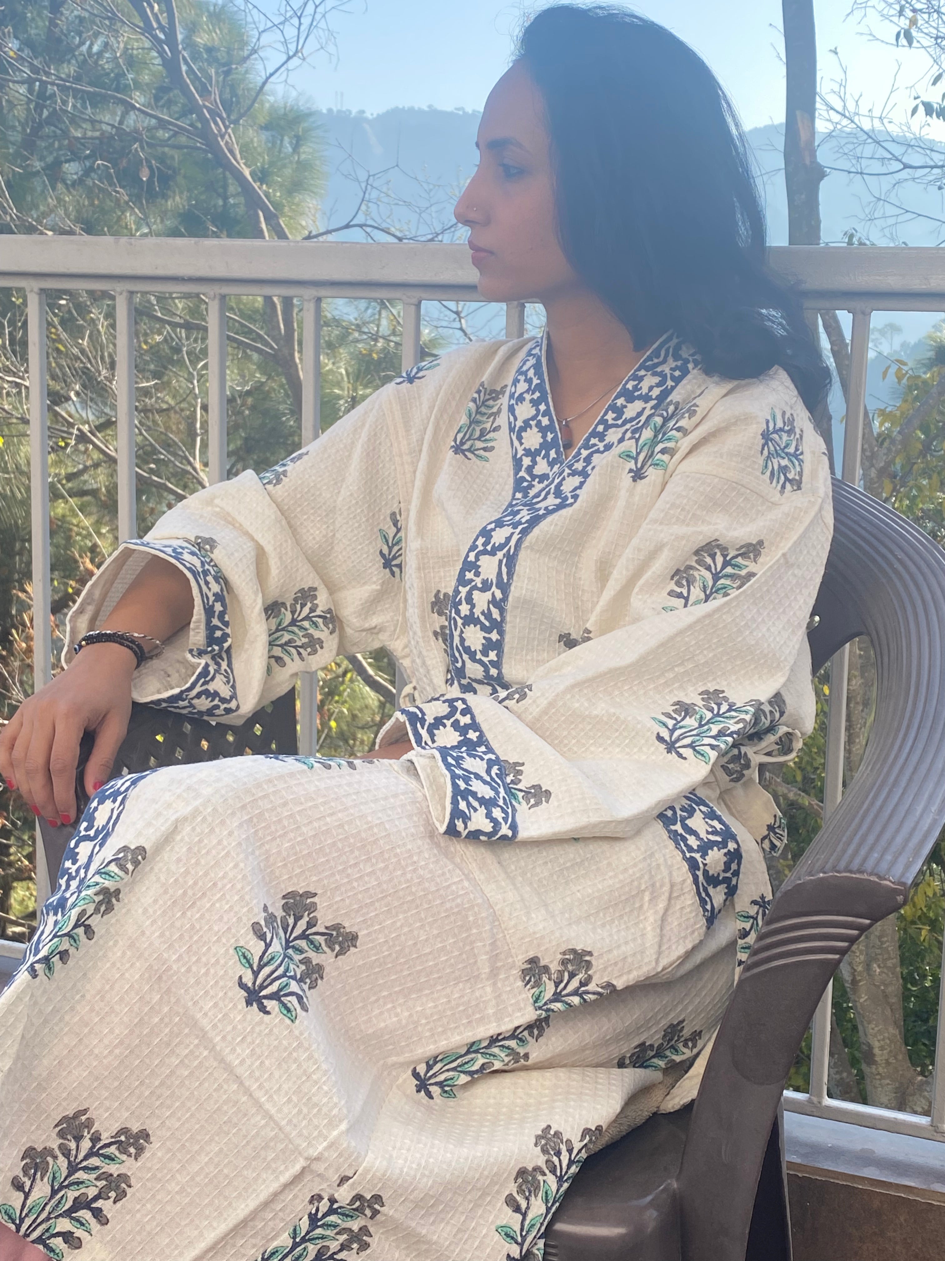Blue Motif Waffle Cotton Bathrobe