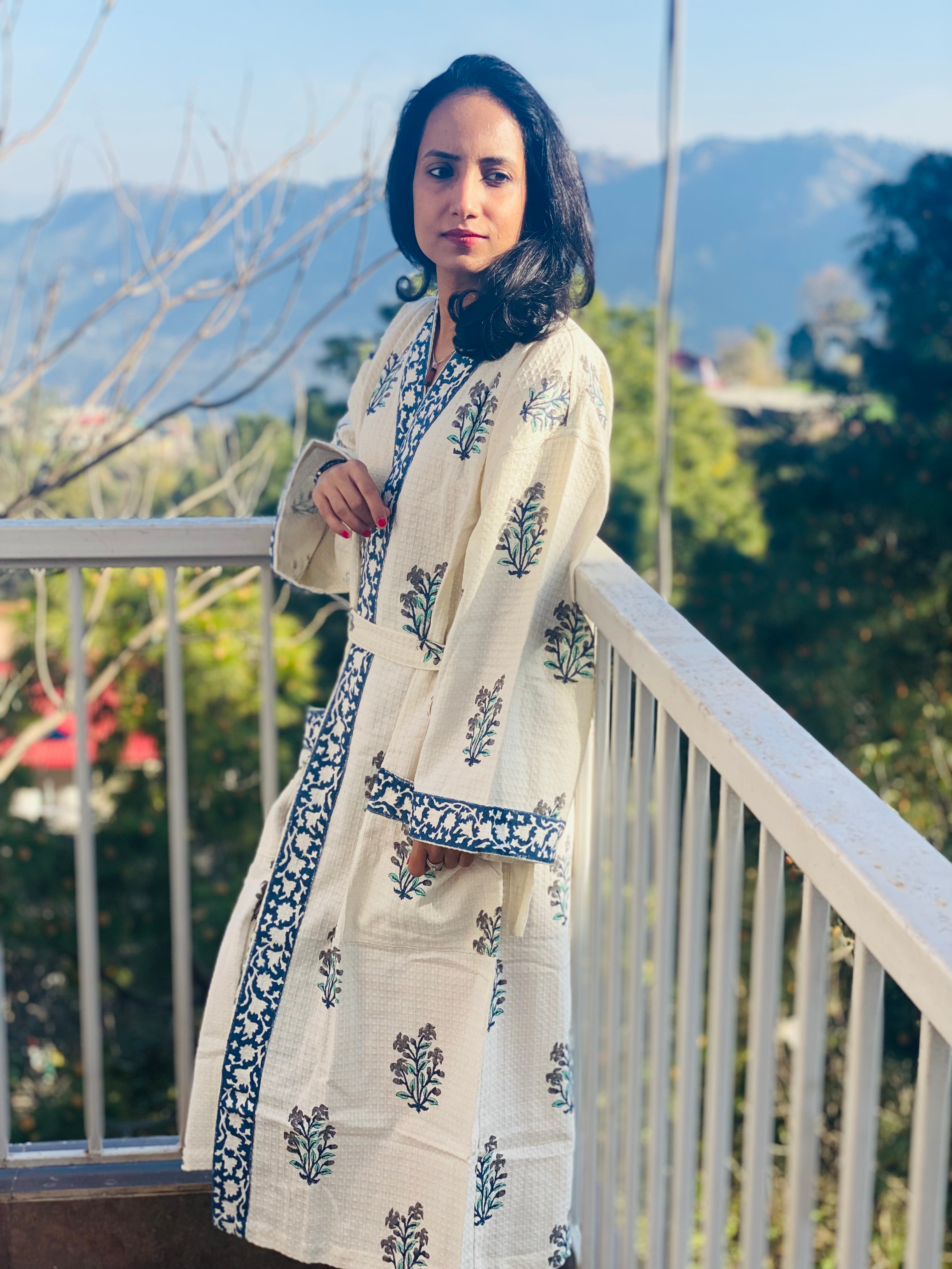 Blue Motif Waffle Cotton Bathrobe