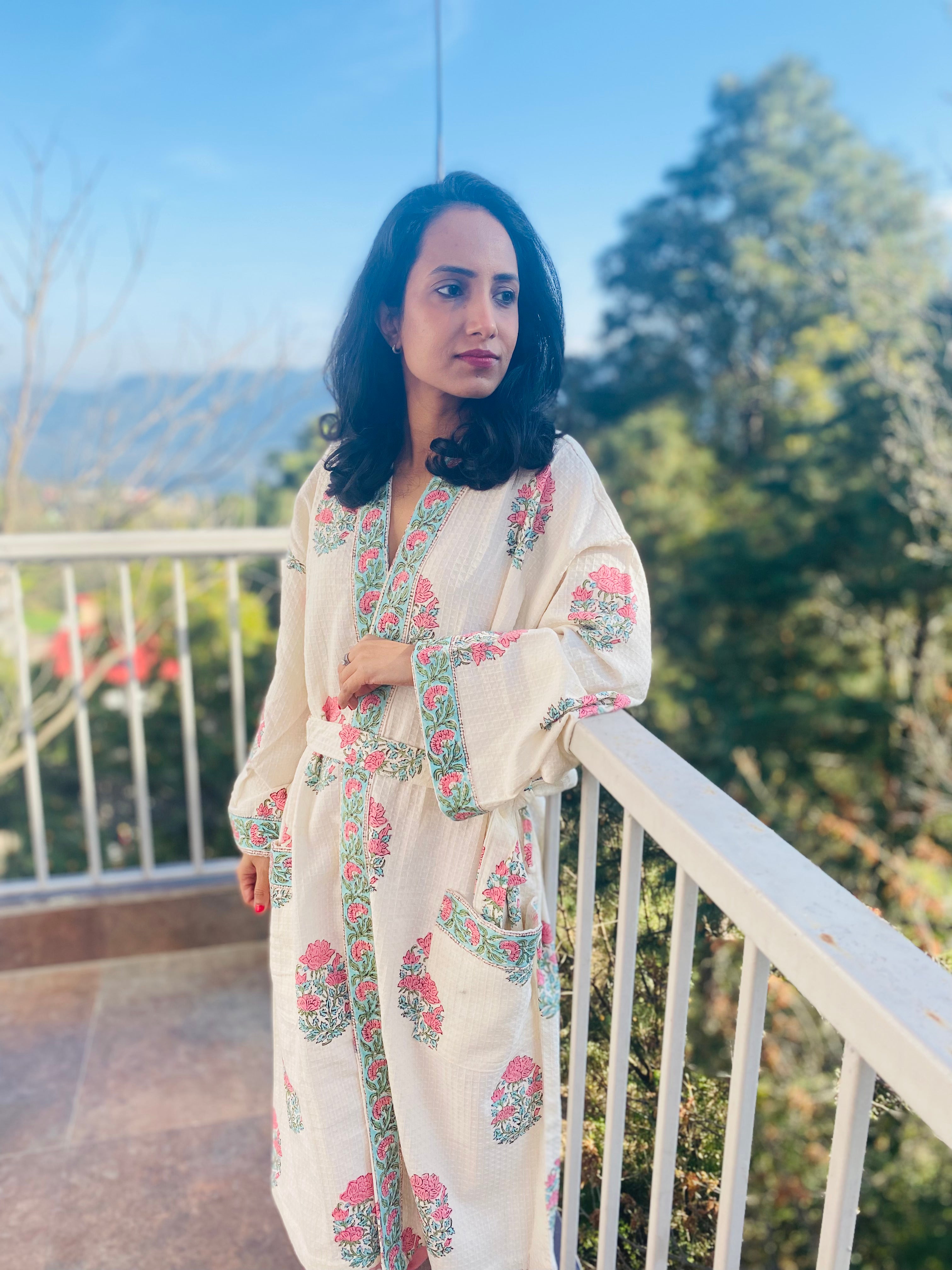 Pink Motif Waffle Cotton Bathrobe