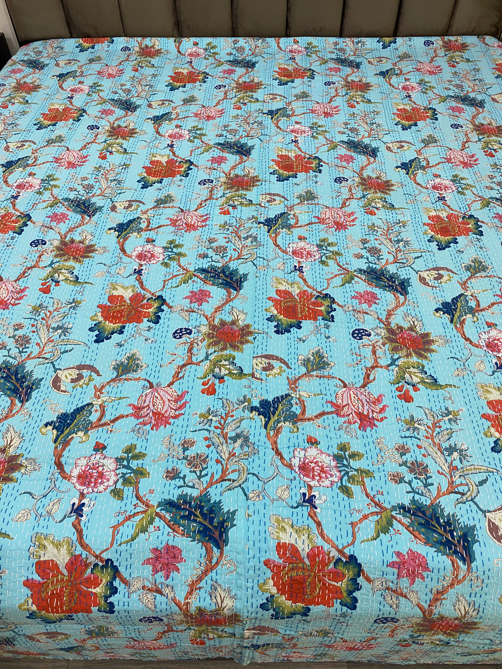 Blue Floral Kantha Bedcover
