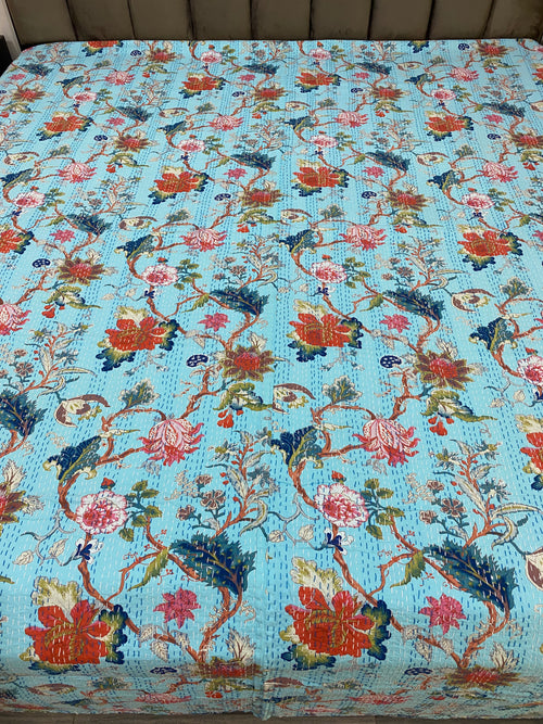Blue Floral Kantha Bedcover