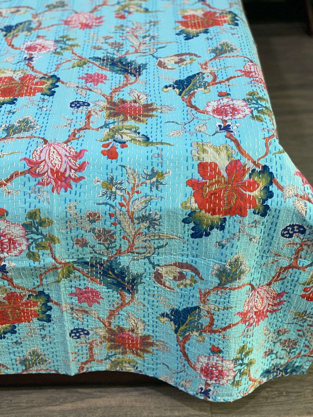 Blue Floral Kantha Bedcover