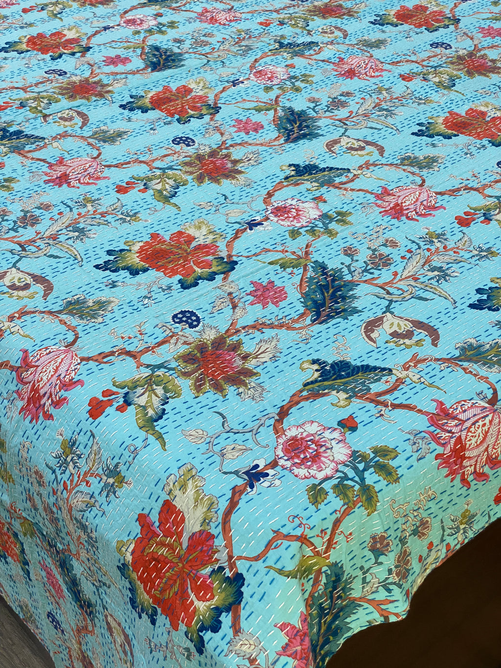 Blue Floral Kantha Bedcover