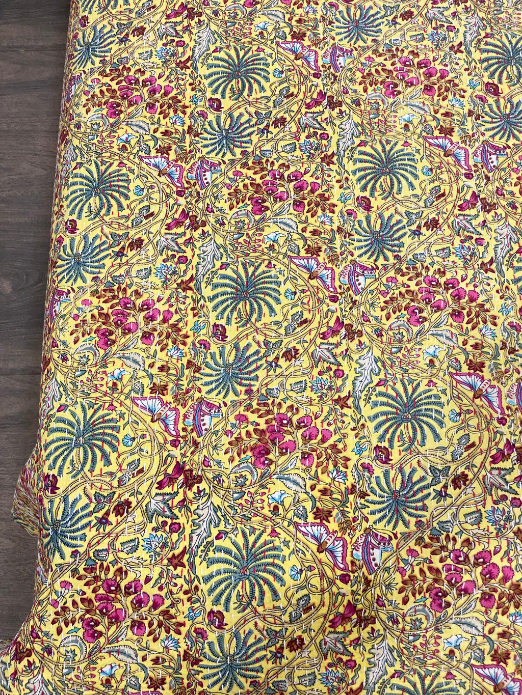 Yellow Floral Kantha Bedcover