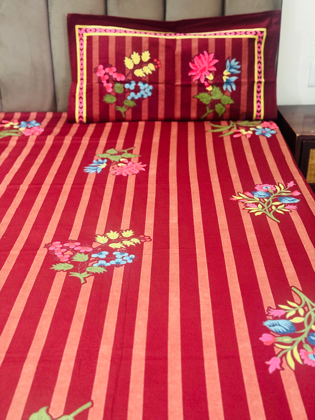 Royal Maroon Stripes Cotton Bedsheet
