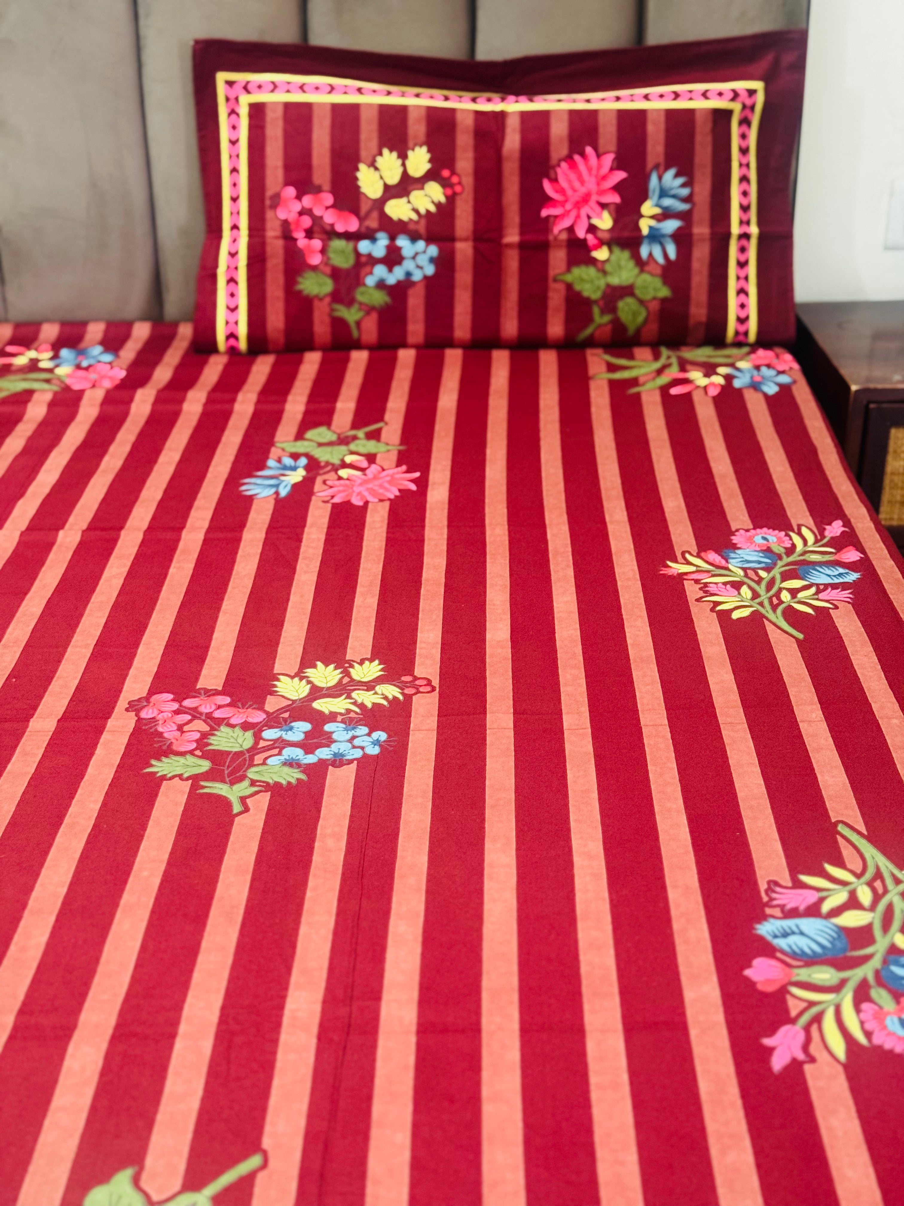 Royal Maroon Stripes Cotton Bedsheet