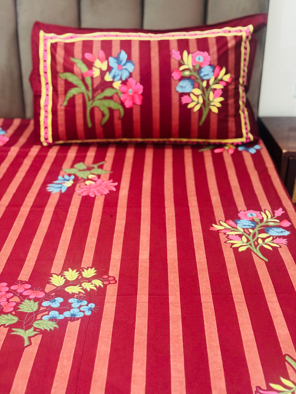 Royal Maroon Stripes Cotton Bedsheet