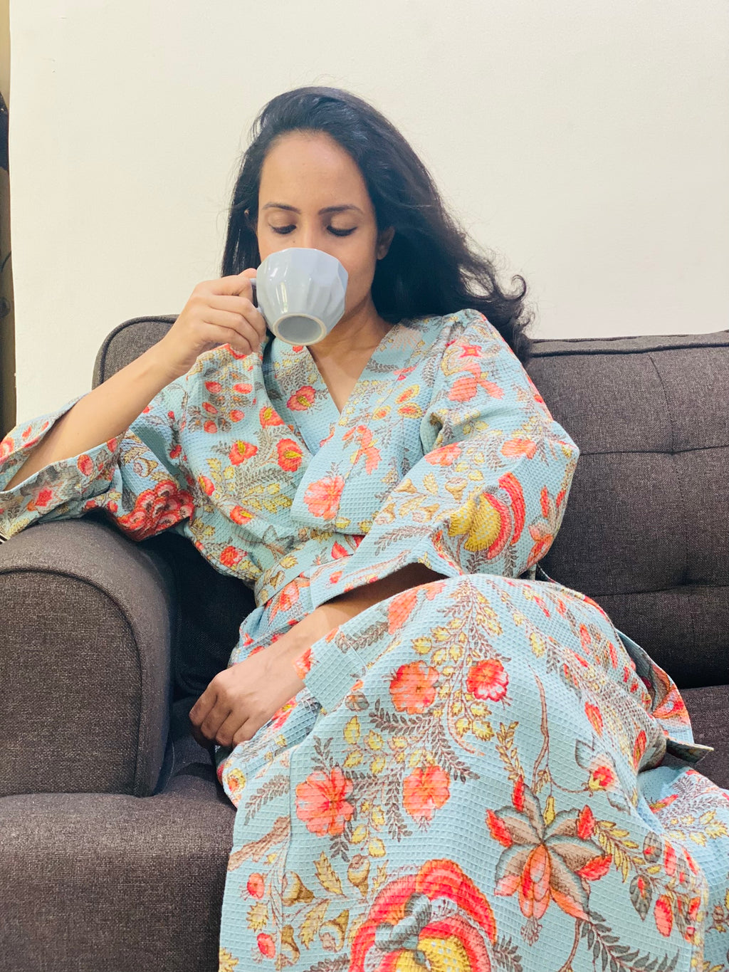 Mint Blue Floral Bathrobe