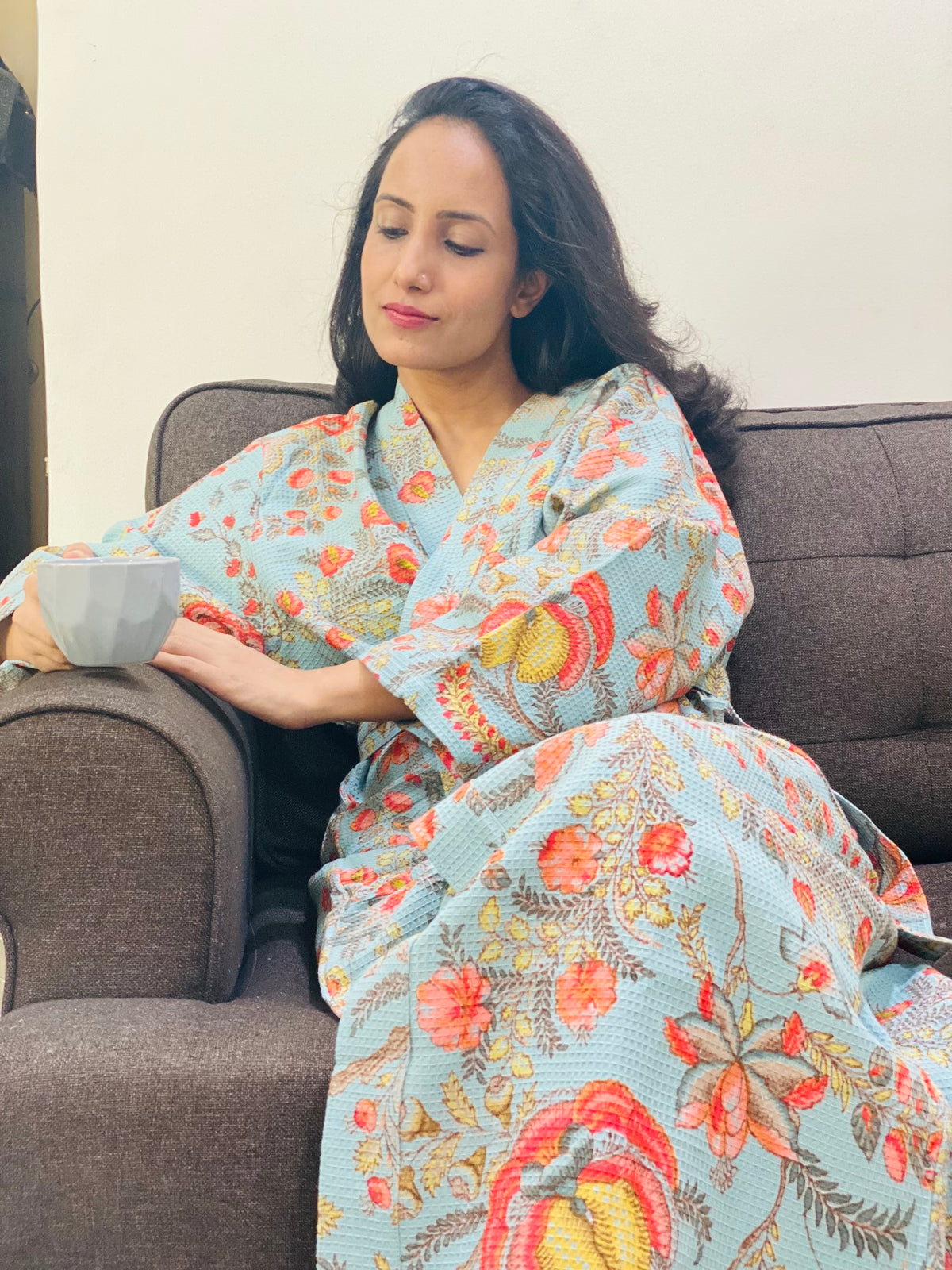 Mint Blue Floral Bathrobe